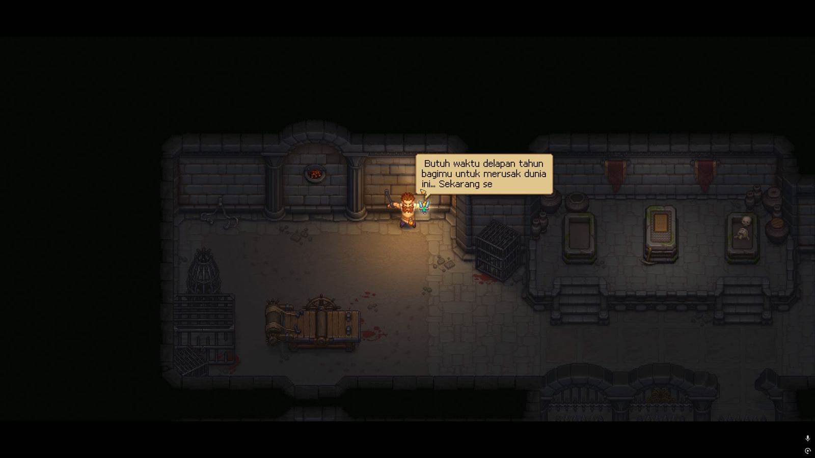 Graveyard Keeper 2, Pembuka di penjara: delapan tahun disiksa, narasi langsung dalam Bahasa Indonesia.