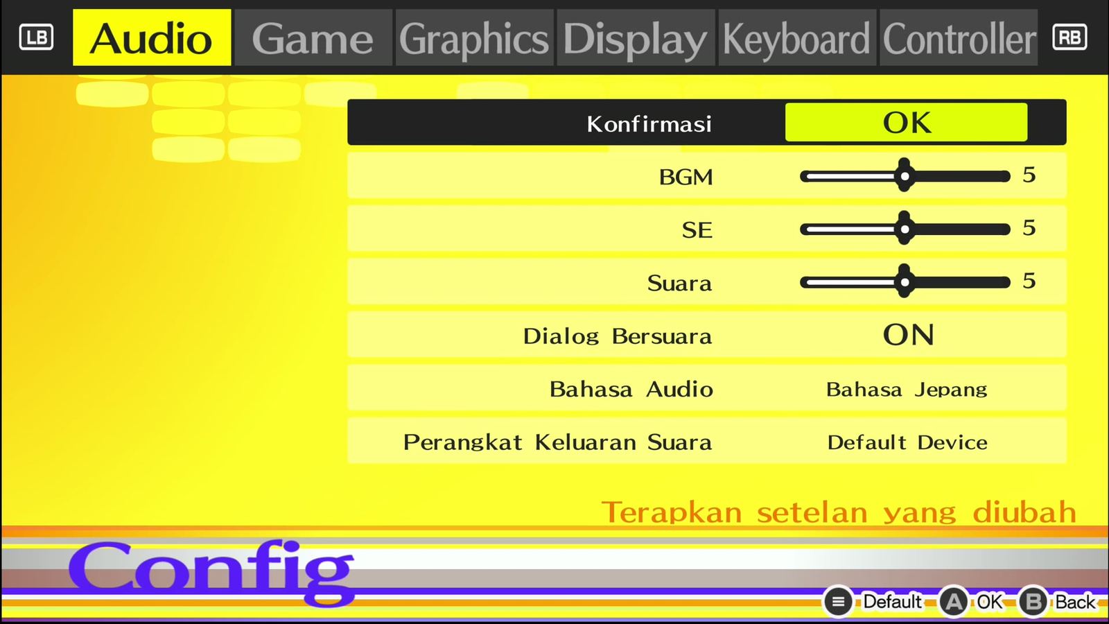 Persona 4 Golden, Menu Audio: BGM, SE, Suara, Dialog Bersuara, Bahasa Audio, semua label dan pilihan Indonesia.